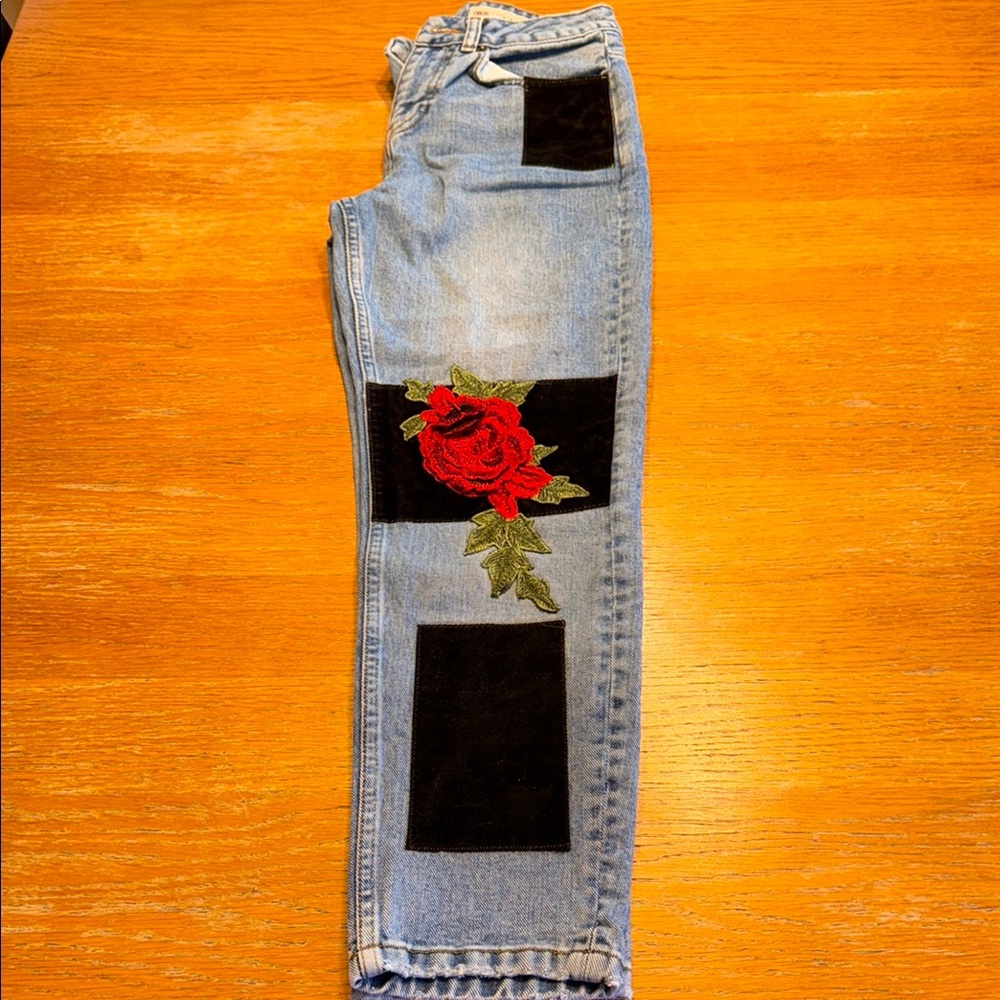 ASOS Straight Leg Blue and Red Jeans with Artistic Patchwork - Picture 4 of 6